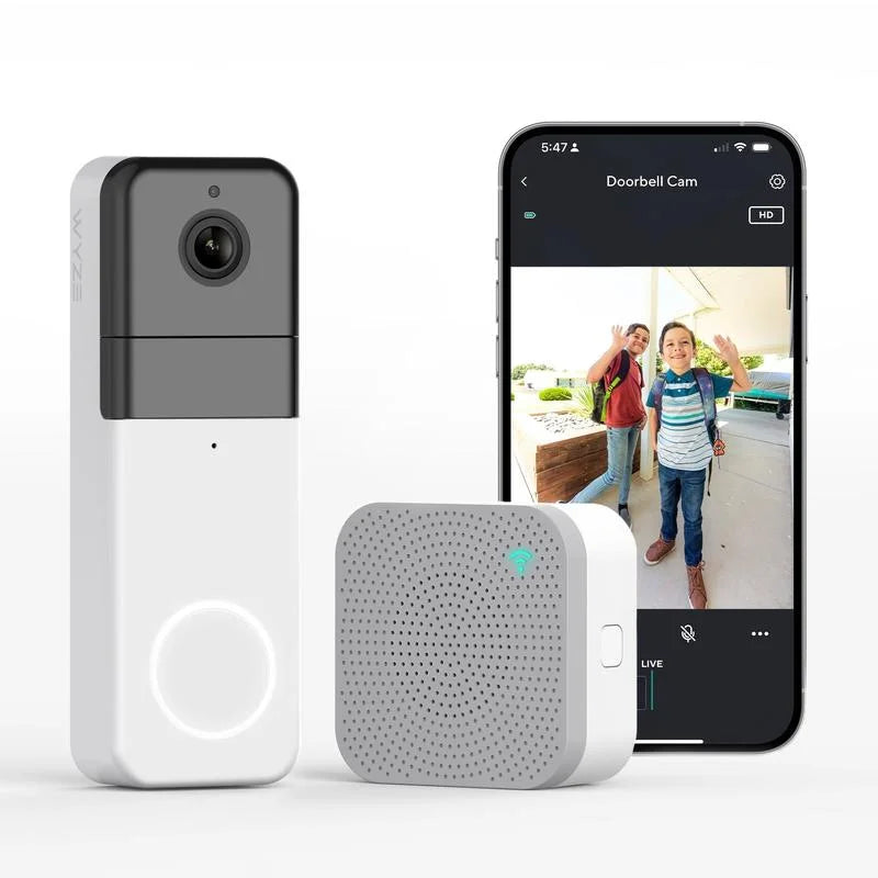 Wyze Video Video, 1:1 Night Walls, Vision, and to w/ Wireless Ratio, Battery, Alexa Audio, Sticks Color 2-Way w/ Doorbell — Camera Pro Works Assistant Doorbell QHD Adhesive Aspect