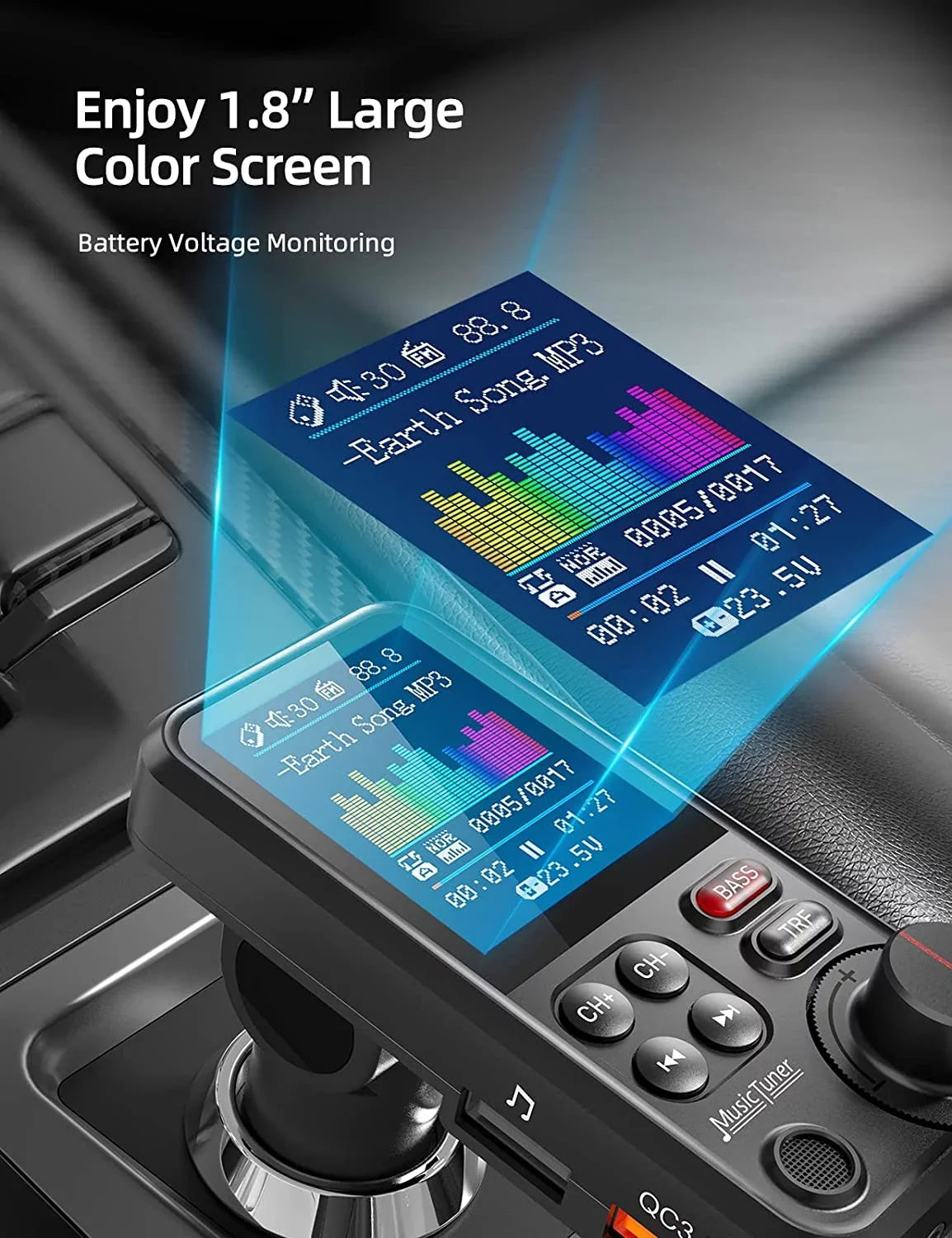 FM Transmitter Color Supports car, Strong Bluetooth and Calls, 1.8" Bluetooth Music Free Adapter for KM30 Microphone Bass Charging, Sound Player- Car QC3.0 for Treble Hands Screen with