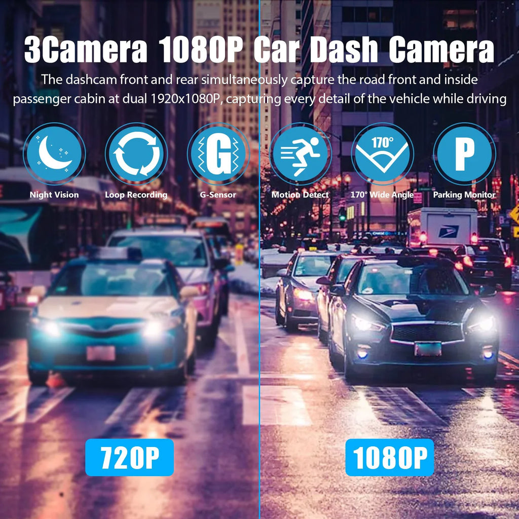 Loop Channel Monitor Three and G-Sensor, Inside Dash 3 HD Cam Way for Vision, W/IR Front 1080P Rear Full W/32GB Night Recording, TF Cars, Car Dash Camera Card, Parking Triple Dashcam Camera
