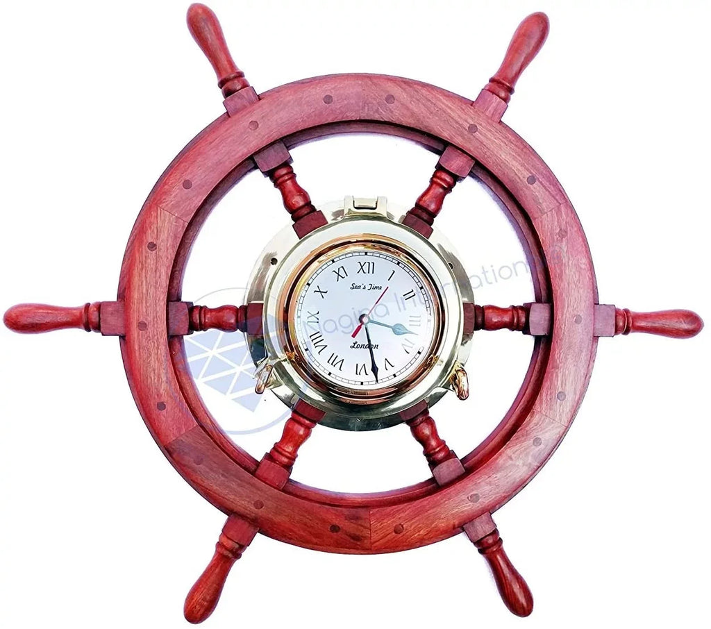 Time | Nagina Pirate's Inches) Clock Nautical Gift Polystone Polished London Ship Porthole Home International | Decor Sea's Wheel (48 Ocean Brass