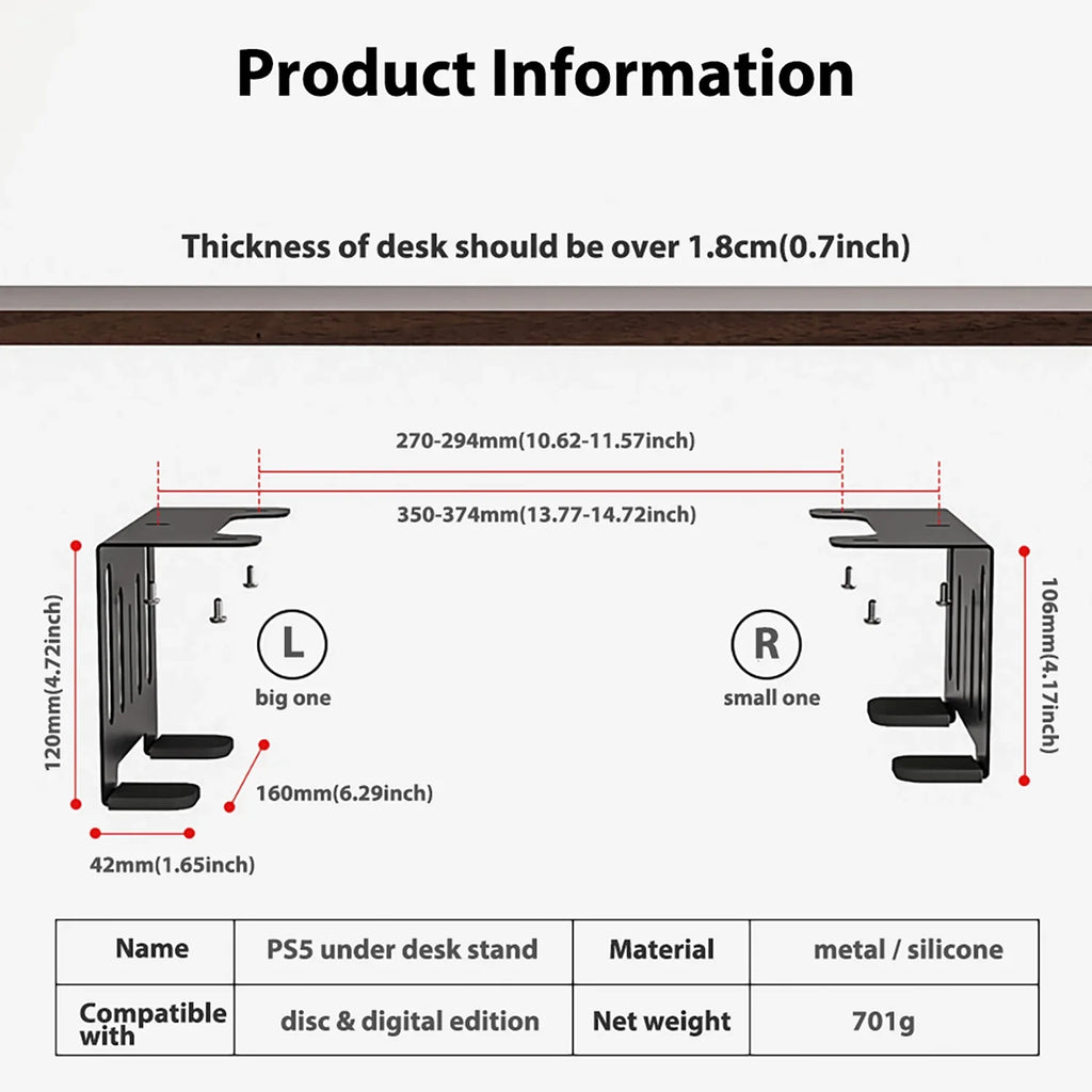 Liboer PS5 Space Desk Black Mounting, Metal Holder Save Console, fabric, Strong Under for