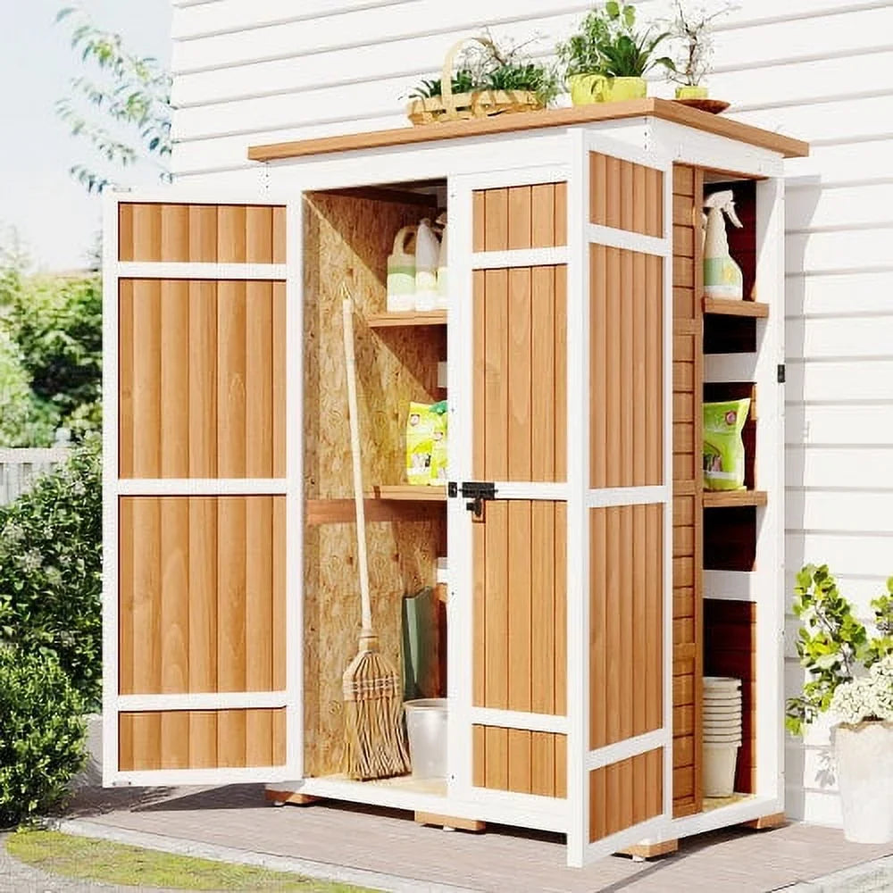 Wood Asphalt Shed, Shelves, Tool Lockable Cabinet Storage Roof, Four Hx4.1ft Doors, Multiple-tier exterior Waterproof with L Garden Natural 5.5ft